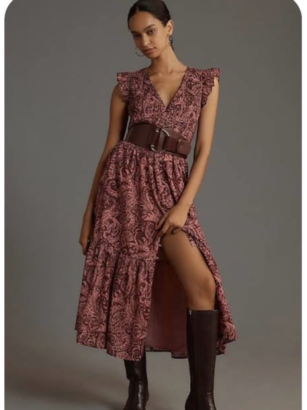 Anthropologie The Peregrine midi tiered dress pink maroon paisley Medium